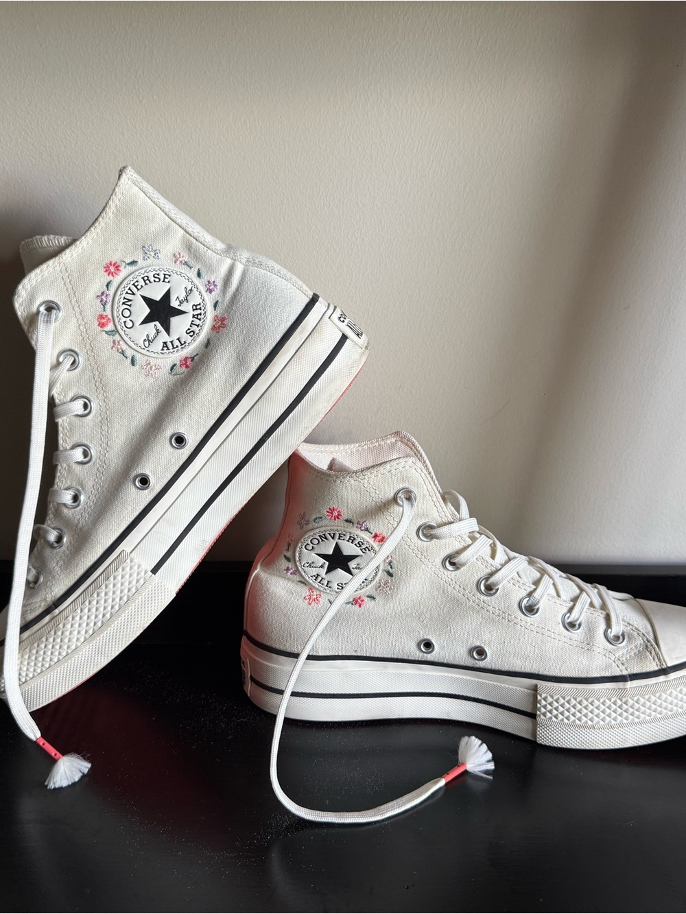 Converse White High-Top Platform Sneakers with Pink Floral Details